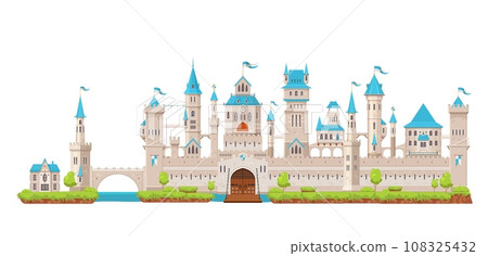 Wall and palace, gate, tower and turret of medieval fortress castle. Fairytale or fantasy king castle vector background. Fairytale royal fortress or ancient kingdom palace with moat and drawbridge Wall and palace, gate, tower and turret of medieval fortress castle. Fairytale or fantasy king castle vector background. Fairytale royal fortress or ancient kingdom palace with moat and drawbridge 108325432