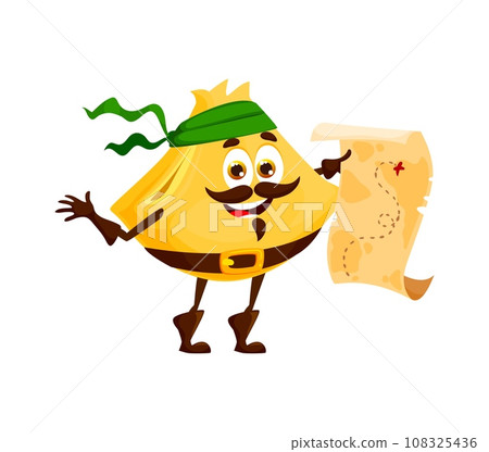 Cartoon italian pasta pirate or corsair character with map, vector Italy macaroni food personage. Happy fagottini buccaneer bandit emoji with antique treasure island map, happy pasta pirate emoticon Cartoon italian pasta pirate or corsair character with map, vector Italy macaroni food personage. Happy fagottini buccaneer bandit emoji with antique treasure island map, happy pasta pirate emoticon 108325436