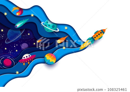 Cartoon paper cut space poster with rocket launch, galaxy planets and stars vector landscape. Rocket taking off to alien space planets with smoke and fire of 3d papercut layers, UFO, comets and stars Cartoon paper cut space poster with rocket launch, galaxy planets and stars vector landscape. Rocket taking off to alien space planets with smoke and fire of 3d papercut layers, UFO, comets and stars 108325461