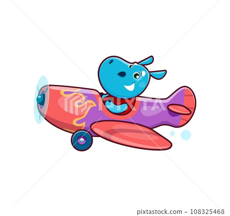 Cartoon hippo animal character on plane. Animal kid airplane pilot navigates the skies with an adventurous spirit, ready for high-flying adventures. Cute hippopotamus personage for baby shower card 108325468