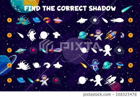 Find a correct shadow of space planets, spaceship, alien and astronaut. Shadow match kids game vector worksheet with galaxy planets, kid astronaut and alien UFO, rocket and comets in outer space 108325478
