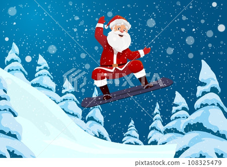 Christmas Santa character on snowboard. Vector Claus glides down snowy slopes with joy, his red suit contrasting against the pristine white backdrop, spreading holiday cheer through extreme winter fun Christmas Santa character on snowboard. Vector Claus glides down snowy slopes with joy, his red suit contrasting against the pristine white backdrop, spreading holiday cheer through extreme winter fun 108325479