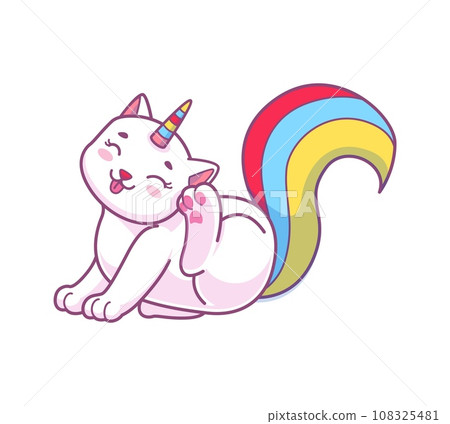 Cute kawaii caticorn, happy kitten scratching ear by paw, vector happy cat with rainbow tail, cartoon fantasy animal 108325481