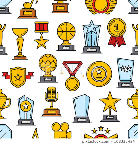 Golden award trophy seamless pattern. Leadership golden prize and sport tournament cup, art or business contest achievement award textile vector seamless background with goblets, medals and statuettes Golden award trophy seamless pattern. Leadership golden prize and sport tournament cup, art or business contest achievement award textile vector seamless background with goblets, medals and statuettes 108325484