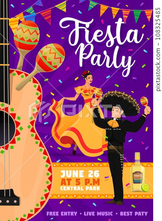 Mexican fiesta party flyer. Dancing woman and mariachi musician, maracas and musical guitar, tequila, confetti and bunting flags. Vector poster for Cinco de Mayo or Day of the Dead mexican holiday Mexican fiesta party flyer. Dancing woman and mariachi musician, maracas and musical guitar, tequila, confetti and bunting flags. Vector poster for Cinco de Mayo or Day of the Dead mexican holiday 108325485