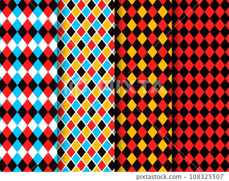 Circus red and black harlequin patterns, rhombus lozenge pattern of retro carnival, fun fair, chapiteau or masquerade vector backgrounds set. Abstract geometric ornament of color rhombus and diamonds Circus red and black harlequin patterns, rhombus lozenge pattern of retro carnival, fun fair, chapiteau or masquerade vector backgrounds set. Abstract geometric ornament of color rhombus and diamonds 108325507