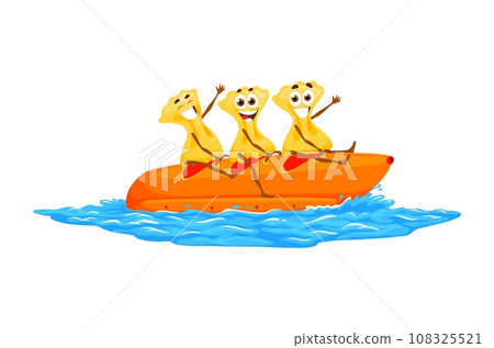 Cartoon farfalle pasta characters riding banana boat. Happy italian macaroni food vector personages enjoying ride on water sled on blue sea and ocean waves, summer beach vacation and outdoor activity 108325521
