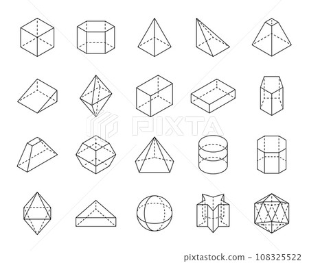 Outline geometric shape icons. Geometry and mathematics regular 3d dimensional line figures, isolated vector prism, cone, hexagon and icosahedron, star, hexagon, sphere and cylinder, octahedron Outline geometric shape icons. Geometry and mathematics regular 3d dimensional line figures, isolated vector prism, cone, hexagon and icosahedron, star, hexagon, sphere and cylinder, octahedron 108325522