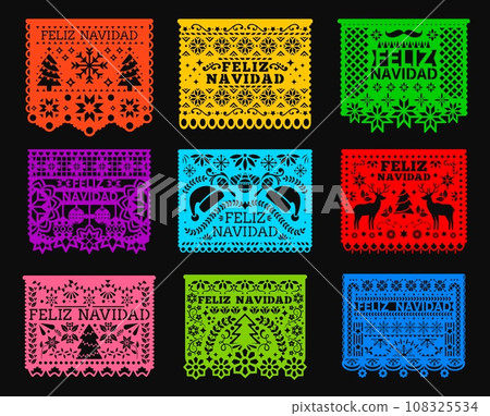 Feliz navidad. Mexican Christmas paper cut papel picado flags and banners. Vector Mexico holiday fiesta party garland of bright color paper flags with flowers, Christmas tree, deer, snowflakes pattern Feliz navidad. Mexican Christmas paper cut papel picado flags and banners. Vector Mexico holiday fiesta party garland of bright color paper flags with flowers, Christmas tree, deer, snowflakes pattern 108325534