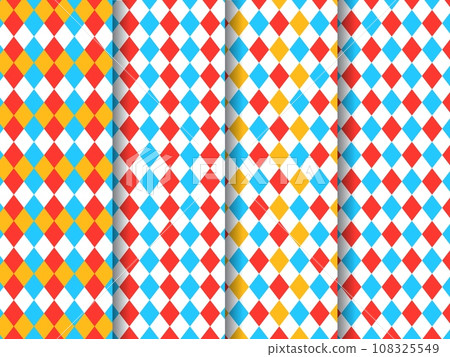 Circus harlequin patterns, rhombus lozenge pattern of bright color geometric ornament. Vector diamonds backgrounds set of retro carnival or fun fair show. Circus clown and chapiteau harlequin backdrop 108325549
