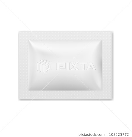 Realistic white sachet bag for food or spices isolated 3d vector mockup. Paper or foil rectangular pack, blank packaging for coffee, tea, salt, sugar, wet wipes wrapper or sauce top view Realistic white sachet bag for food or spices isolated 3d vector mockup. Paper or foil rectangular pack, blank packaging for coffee, tea, salt, sugar, wet wipes wrapper or sauce top view 108325772