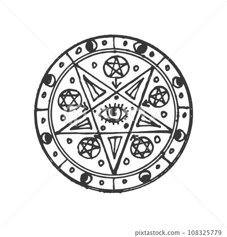 Esoteric amulet, sacred occult talisman. Vector magic pentagram sketch with ethnic or aztec signs. Mystery amulet, wizard and alchemy emblem Esoteric amulet, sacred occult talisman. Vector magic pentagram sketch with ethnic or aztec signs. Mystery amulet, wizard and alchemy emblem 108325779