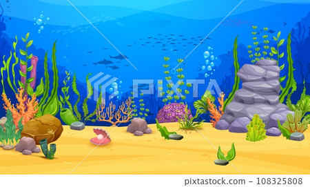 Game level, underwater landscape. Cartoon vector parallax background with sea bottom, fish shoal silhouettes, shell, corals, plants and rock. Tropical ocean floor, marine aquatic scene, undersea world Game level, underwater landscape. Cartoon vector parallax background with sea bottom, fish shoal silhouettes, shell, corals, plants and rock. Tropical ocean floor, marine aquatic scene, undersea world 108325808