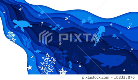Sea paper cut landscape with water waves and animal silhouettes. 3d vector underwater world background with a diverse range of marine creatures, whale, turtle, fishes or jellyfishes in papercut style Sea paper cut landscape with water waves and animal silhouettes. 3d vector underwater world background with a diverse range of marine creatures, whale, turtle, fishes or jellyfishes in papercut style 108325876
