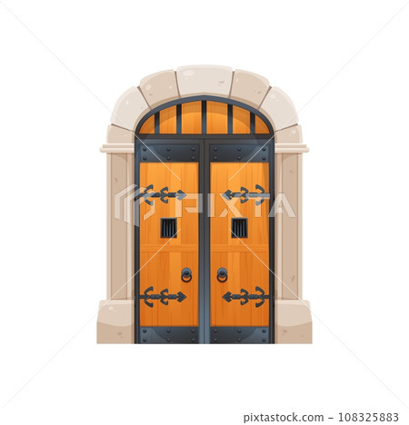 Castle wooden door or Medieval gate with stone arch, vector cartoon old portal. Medieval dungeon wood door or vintage house gate, antique architecture or cartoon game closed gateway with wooden door 108325883