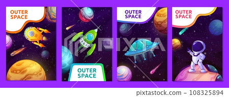 Cartoon space posters and banners with galaxy planets, alien UFO spaceship and stars, vector backgrounds. Spaceman in galaxy outer space with rocket shuttles and galactic spacecraft in universe Cartoon space posters and banners with galaxy planets, alien UFO spaceship and stars, vector backgrounds. Spaceman in galaxy outer space with rocket shuttles and galactic spacecraft in universe 108325894