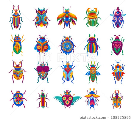 Cartoon beetles. Funny bugs with colorful ornaments on wings and back. Fantasy animals, alien planet insects or bugs, fairytale isolated vector beetles with vibrant, mexican or african patterns Cartoon beetles. Funny bugs with colorful ornaments on wings and back. Fantasy animals, alien planet insects or bugs, fairytale isolated vector beetles with vibrant, mexican or african patterns 108325895