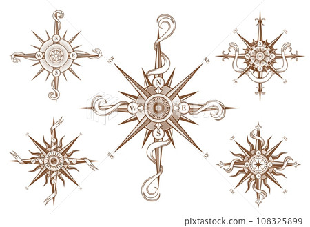 Vintage wind rose compass with medieval antique ribbons. Sea travel cartography latitude, geography map compass or ocean sailing wind rose etching vector icon. Nautical navigation direction sign 108325899