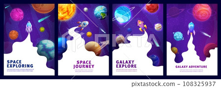 Space galaxy landing pages, cartoon space landscape and spaceship, vector website background. Galaxy planets exploration and space journey adventure landing pages with galactic rockets in sky Space galaxy landing pages, cartoon space landscape and spaceship, vector website background. Galaxy planets exploration and space journey adventure landing pages with galactic rockets in sky 108325937