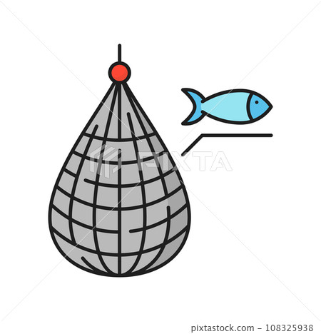 Fishing industry trawler net and fish line icon. Aquaculture catch technology, seafood production or fishing industry equipment, fisher boat or ship net full of fish thin line vector icon or pictogram 108325938