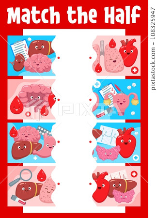 Match the half of cartoon human body organ characters. Piece connect game vector worksheet, block puzzle, kids quiz with kidney, brain, liver, lungs and heart, stomach, uterus, thyroid cute personages 108325947