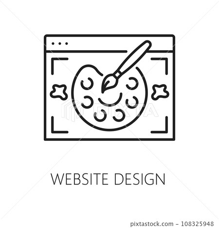 Website design, web audit icon for webpage search results optimization and performance, vector outline pictogram. SEO or content marketing icon of website design for web search results optimization 108325948