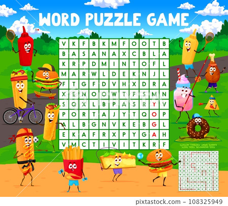 Word search puzzle game. Cartoon fast food characters on sport vacation. Word search quiz vector worksheet with burger, burrito, hotdog and french fries, cake, donut personage on yoga and playing ball 108325949