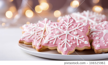 Closed Pink Glazed Gingerbread Cookies on Plate on Wooden Table, Pink Gold Christmas Light with Bokeh On Background. Snowflake, Star Shapes of New Year Dessert. Xmas Postcard, Mockup. AI Generated 108325961