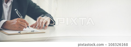 Banner Asian business man using pen signing on new contract start project in conference room. panorama manager businessman hands sign contract on meeting. Business agreement concepts with copy space 108326168