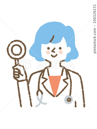 A woman wearing a white coat holding a Maru tag_color 108326231