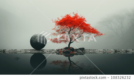 Lone red tree and stone ball on misty forest background, tranquil minimalist landscape. Peaceful foggy nature scene. Concept of art, beauty, minimalism, travel, mist 108326232