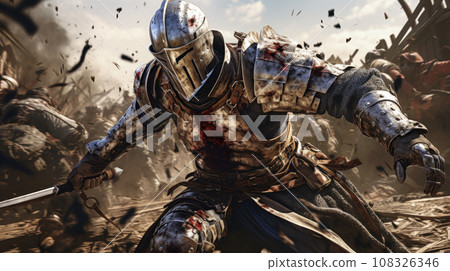 Medieval warrior fights in battle, knight with sword close-up. Dramatic scene with soldier in iron armor, helmet, man on battlefield. Concept of war, action, history Medieval warrior fights in battle, knight with sword close-up. Dramatic scene with soldier in iron armor, helmet, man on battlefield. Concept of war, action, history 108326346