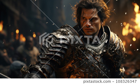 Medieval warrior on battlefield, portrait of knight without helmet. Dramatic scene with soldier in metal armor, handsome man close-up. Concept of war, crusade, history 108326347