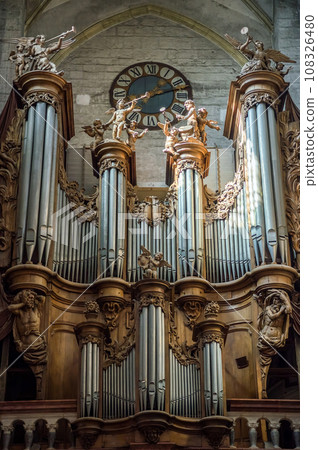 Organ pipe in a church in France Organ pipe in a church in France 108326480