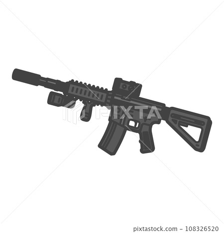 為特種部隊訂製的軍用突擊步槍和機槍、點瞄準器、手電筒的插圖， 108326520