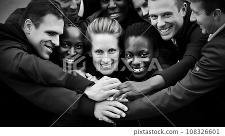A team of colleagues hugging each other 108326601