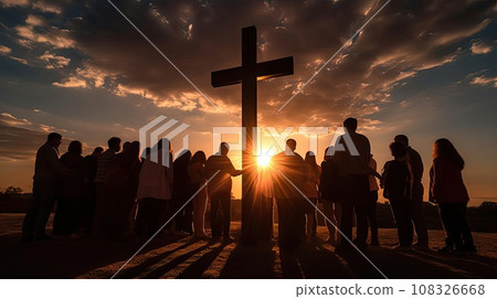 Group of people holding a large Christian cross Group of people holding a large Christian cross 108326668