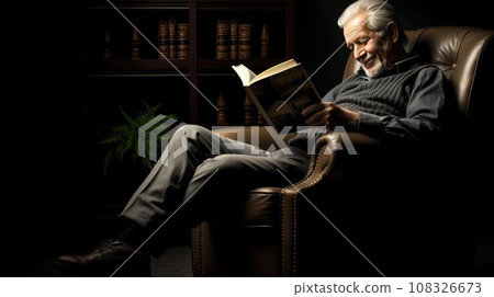 Smiling man reading a book in an armchair in front of the fireplace 108326673
