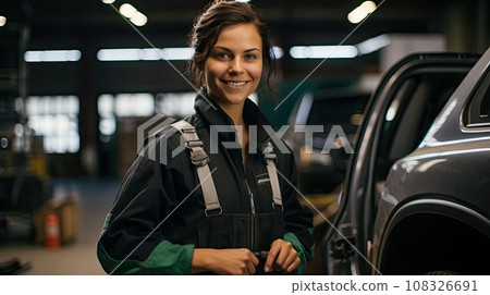 Young beautiful woman in mechanic costume in auto repair shop 108326691