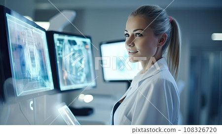 A medical worker or a doctor in a white coat in a modern clinic 108326720