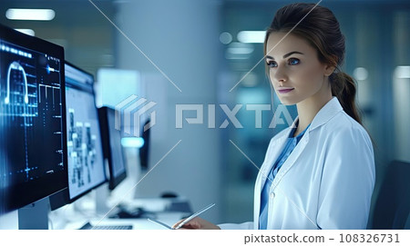 A medical worker or a doctor in a white coat in a modern clinic 108326731