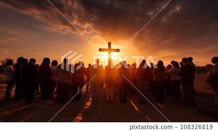 Group of people holding a large Christian cross 108326819