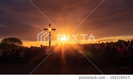 Group of people holding a large Christian cross 108326925