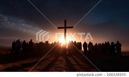 Group of people holding a large Christian cross Group of people holding a large Christian cross 108326935