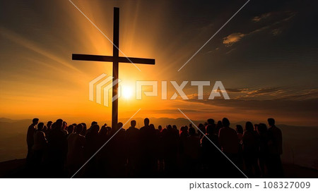 Group of people holding a large Christian cross Group of people holding a large Christian cross 108327009
