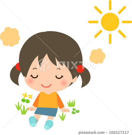 女孩坐在田野裡曬太陽,曬日光浴 女孩坐在田野裡曬太陽,曬日光浴 108327317