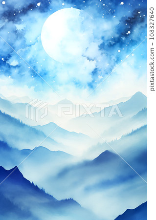 天空、月亮和山脈水彩風格插畫景觀 108327640
