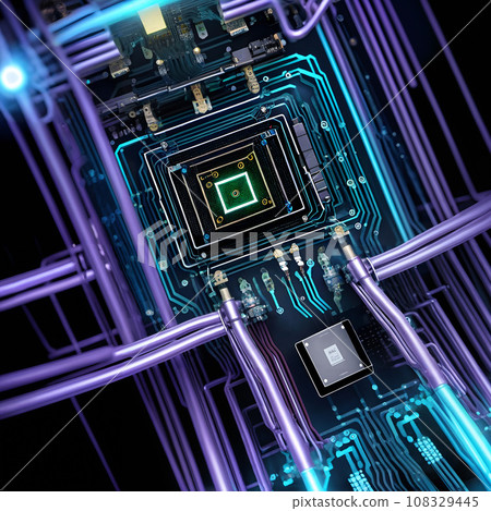 A close-up illustration of several electronic quantum devices. 108329445