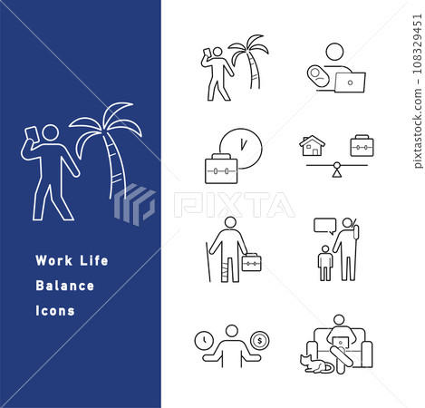 A set of icon illustrations (line drawings) related to work-life balance and work style reform 108329451