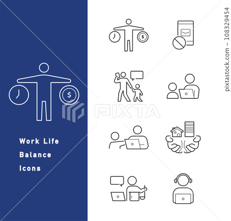 A set of icon illustrations (line drawings) related to work-life balance and work style reform A set of icon illustrations (line drawings) related to work-life balance and work style reform 108329454